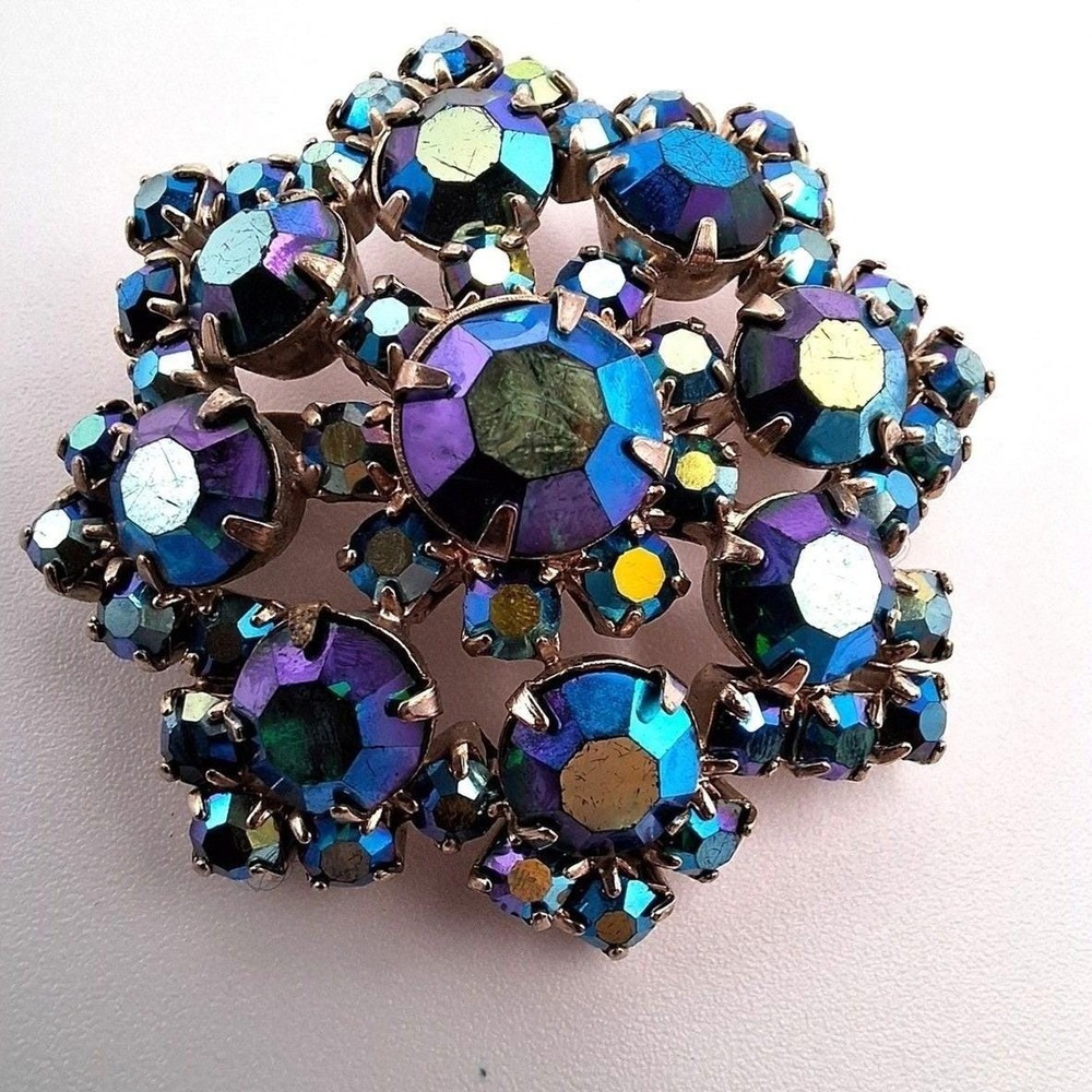 Vintage blue flower brooch AB rhinestones glass silver tone mid century